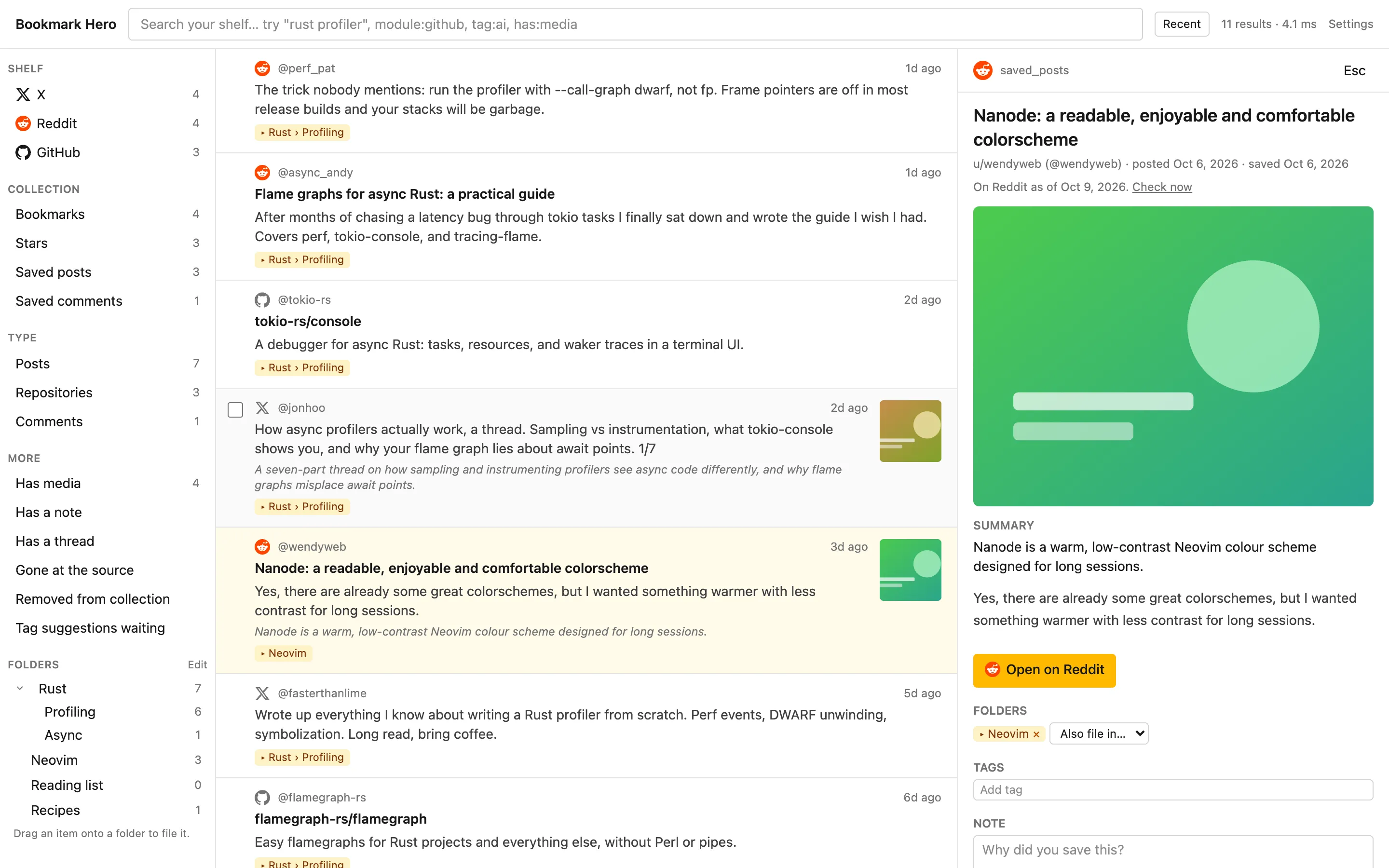 The reading pane for a saved Reddit post, with its picture, text, folder, and when it was last seen on the site.