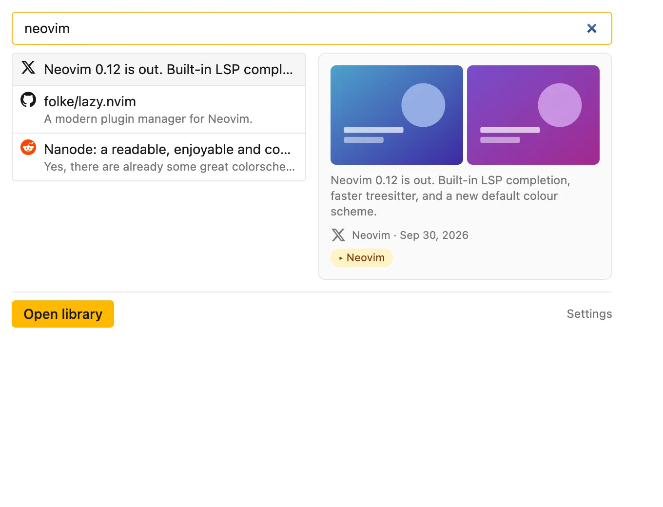 The toolbar popup: a search box, matching items, and a preview of one with its pictures and text.